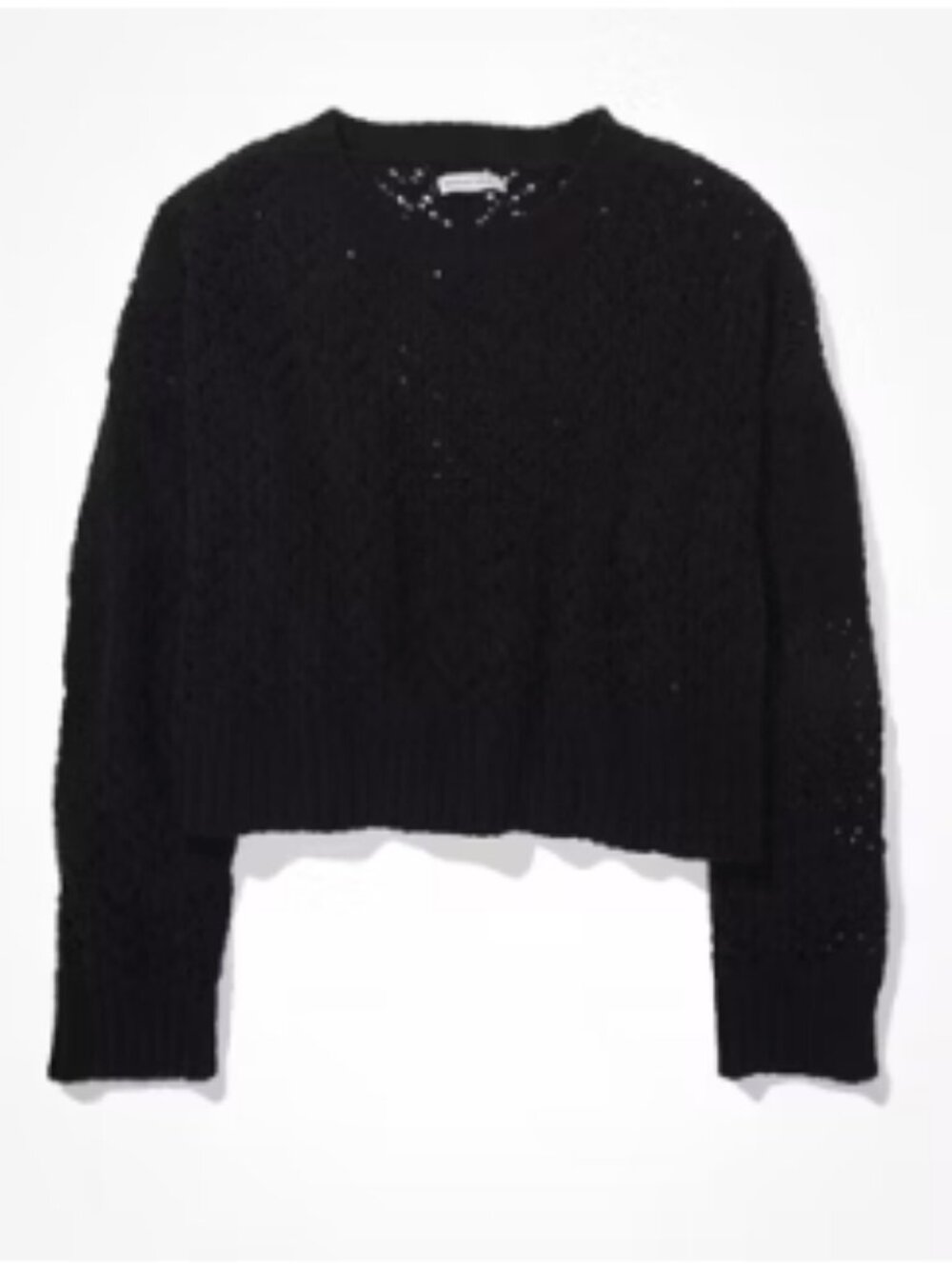 American Eagle Sweater Knit Pullover Black XS Soft Pointelle Chenille Crew Crop